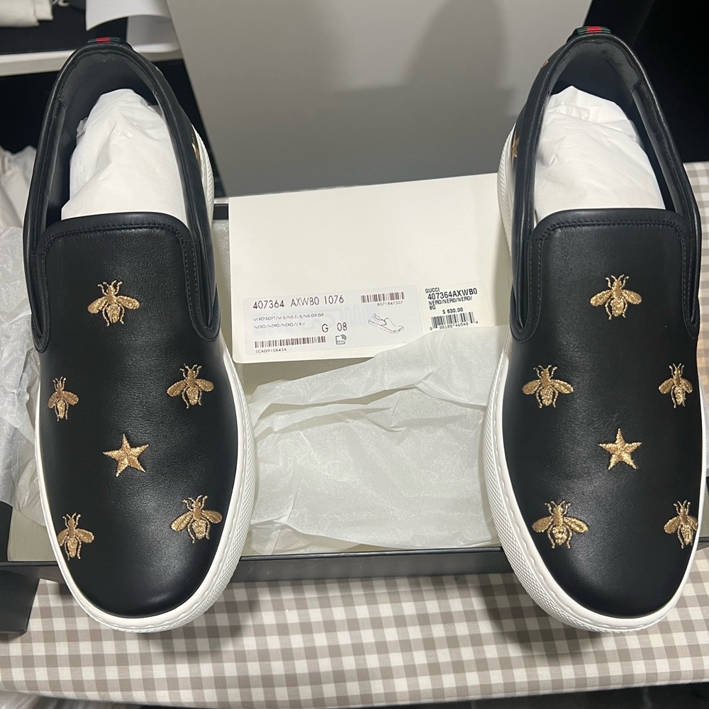 Black and Gold Embroidered Slip-On Shoes